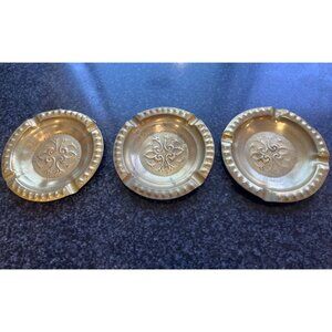 Vtg 1960's Moroccan Hand Hammered 3 Brass Ashtrays Trinket Dishes Intricate